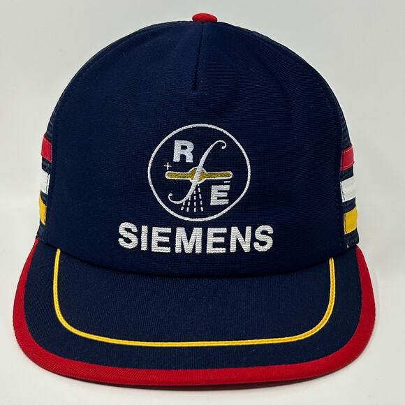 Vintage 80s Siemens RFE 3 Stripe Trucker Hat Baseball Cap Blue Mesh Snapback USA